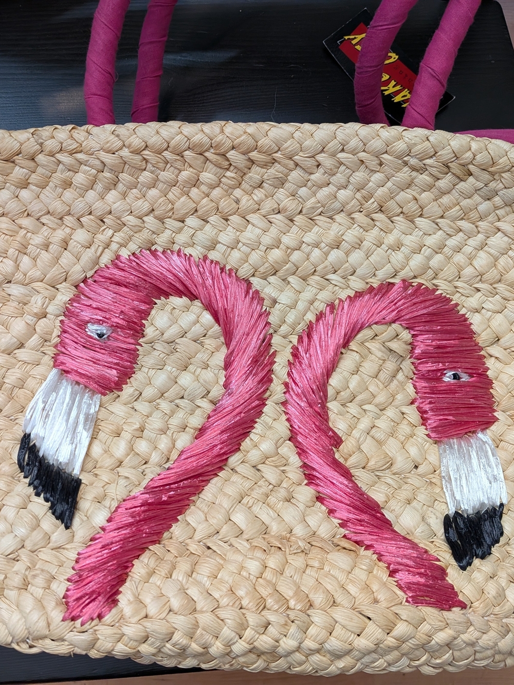 Woven Straw Tote with Pink Flamingo Embroidery